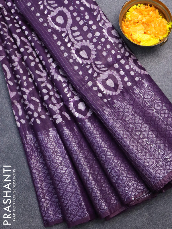 Semi tussar saree deep violet with allover batik prints & sequin work pallu and long silver zari woven border