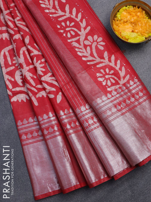 Semi tussar saree red with allover batik prints & sequin work pallu and long silver zari woven border