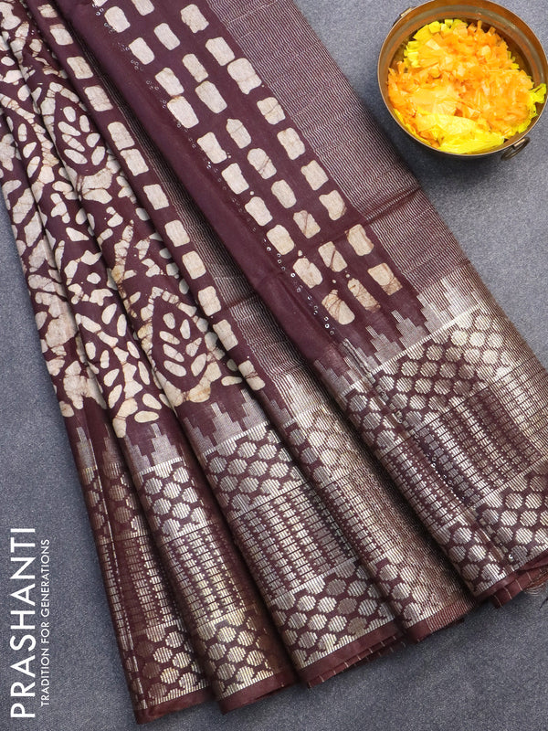 Semi tussar saree coffee brown with allover batik prints & sequin work pallu and long temple design zari woven border