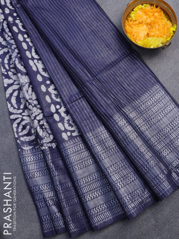 Semi tussar saree navy blue with allover batik prints & sequin work pallu and long silver zari woven border