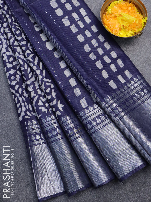 Semi tussar saree navy blue with allover batik prints & sequin work pallu and long silver zari woven border