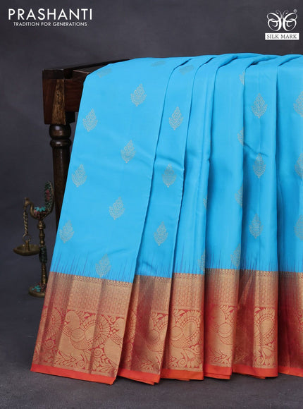 Pure soft silk saree light blue and dual shade of pinkish orange with zari woven buttas and rich zari woven annam border