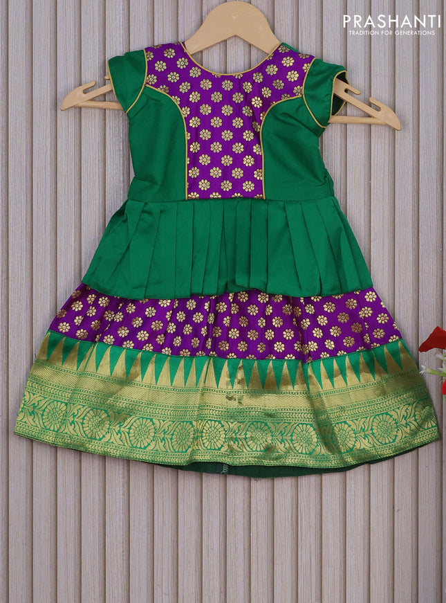 Banarasi kids lehenga green and purple with patch work neck pattern and zari buttas & zari woven border