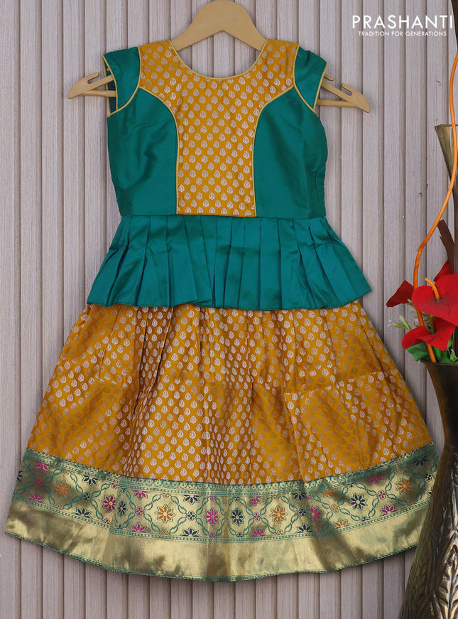 Banarasi kids lehenga green and mustard yellow with patch work neck pattern and zari buttas & zari woven border