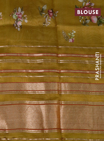 Pure dupion silk saree dark mustard with allover floral prints and long zari woven border
