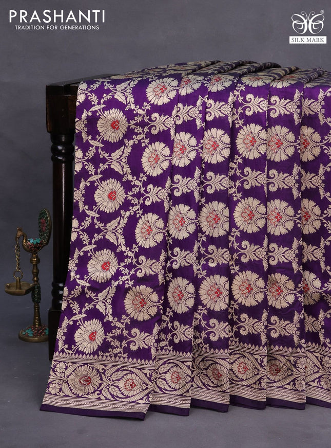 Pure banarasi uppada silk saree deep violet with allover zari woven brocade weaves and zari woven border