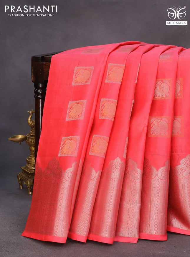Pure kanchipuram silk saree pink and beige with silver zari woven annam buttas and long silver zari woven border