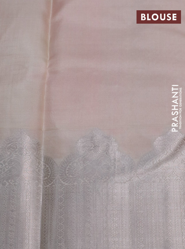 Pure kanchipuram silk saree pink and beige with silver zari woven annam buttas and long silver zari woven border