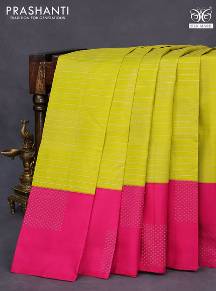Pure soft silk saree lime yellow and pink with allover zari woven stripes pattern & buttas and zari woven butta border