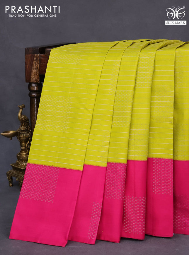 Pure soft silk saree lime yellow and pink with allover zari woven stripes pattern & buttas and zari woven butta border