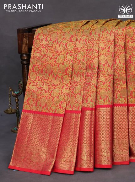 Pure kanchipuram silk saree red with allover zari woven brocade weaves and long zari woven border