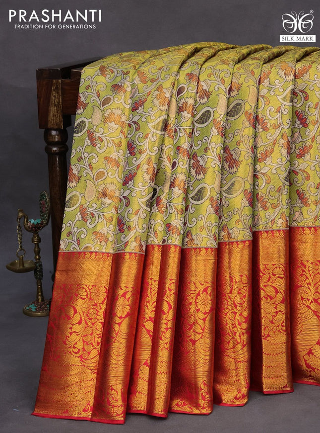 Pure kanchipuram tissue silk saree mehendi green and red with allover zari woven brocade weaves and long zari woven border