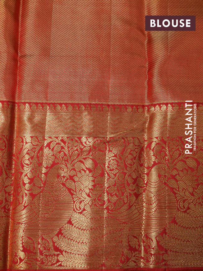 Pure kanchipuram tissue silk saree mehendi green and red with allover zari woven brocade weaves and long zari woven border