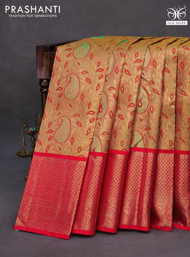 Pure kanchipuram tissue silk saree gold and red with allover zari woven brocade weaves and long zari woven border