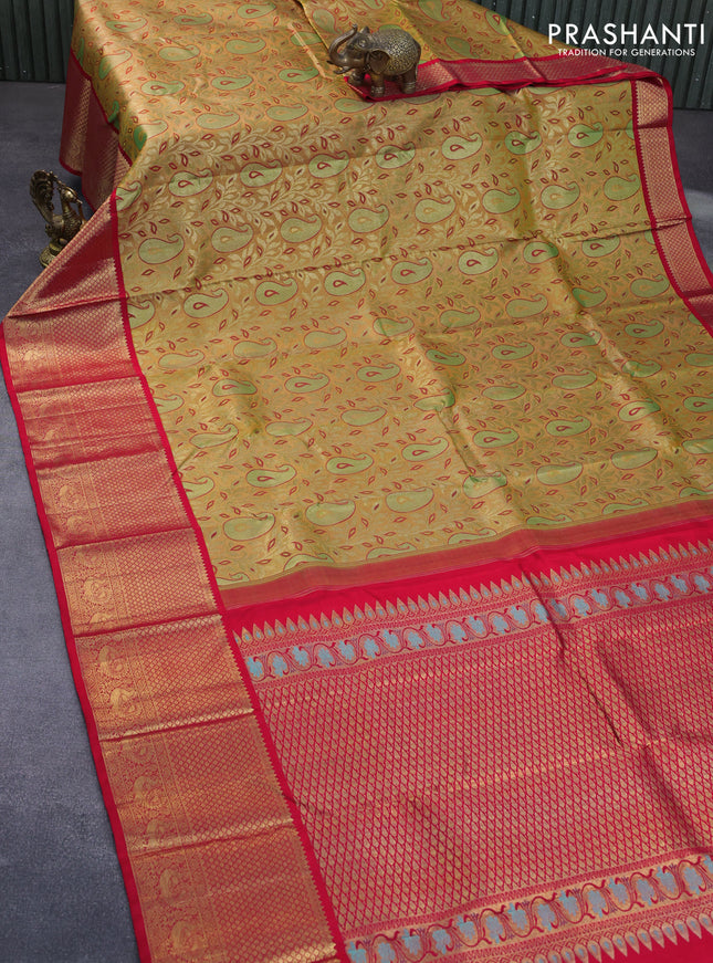 Pure kanchipuram tissue silk saree gold and red with allover zari woven brocade weaves and long zari woven border