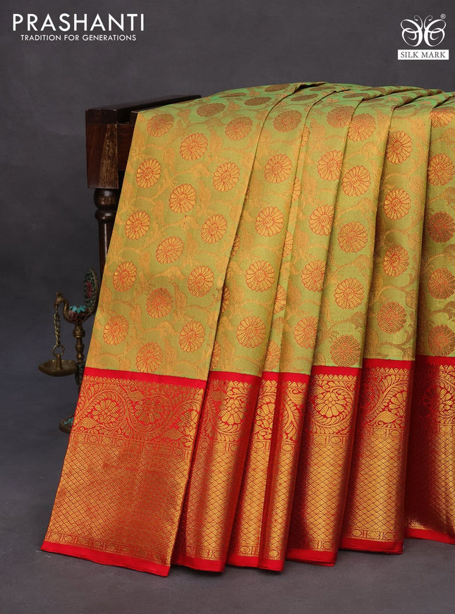 Pure kanchipuram tissue silk saree lime green and red with allover zari woven brocade weaves and long zari woven border