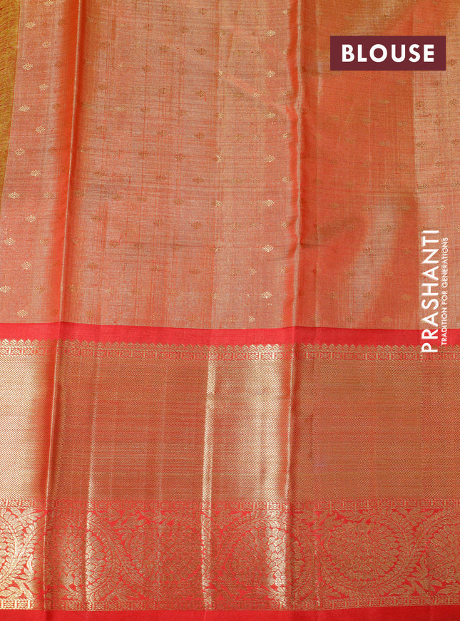 Pure kanchipuram tissue silk saree mustard yellow and red with allover zari woven brocade weaves and long zari woven border
