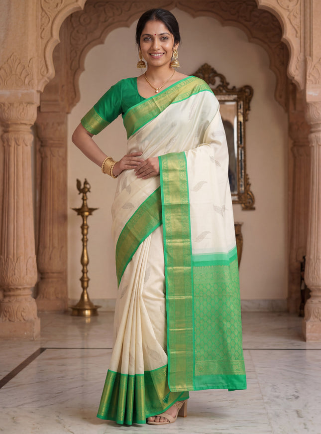 Pure kanchipuram silk saree off white and green with zari woven leaf buttas and zari woven border