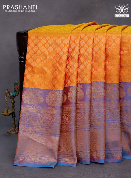 Gadwal silk saree mustard yellow and dual shade of blue with allover zari woven brocade weaves and long zari woven border