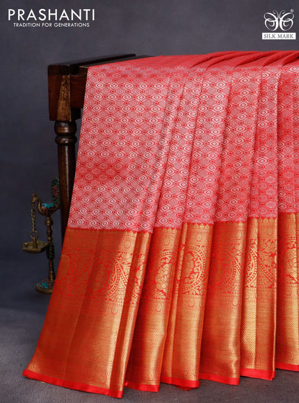 Pure kanchipuram silk saree red with allover silver zari woven brocade weaves and long rich zari woven border