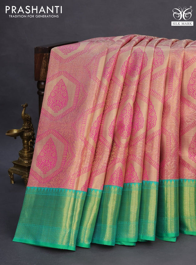 Pure kanchipuram tissue silk saree beige pink and dual shade of teal green with allover zari woven brocade weaves and zari woven border