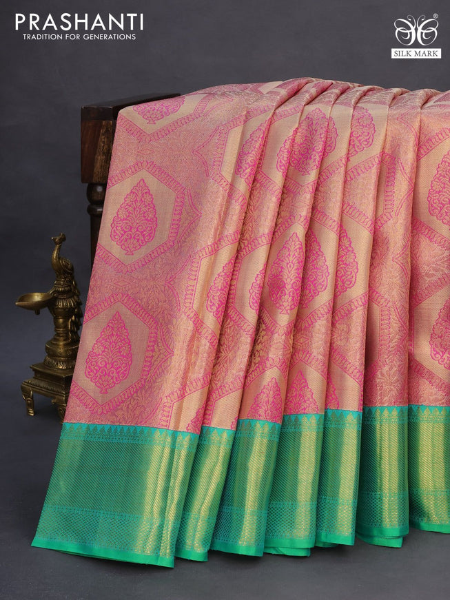 Pure kanchipuram tissue silk saree beige pink and dual shade of teal green with allover zari woven brocade weaves and zari woven border