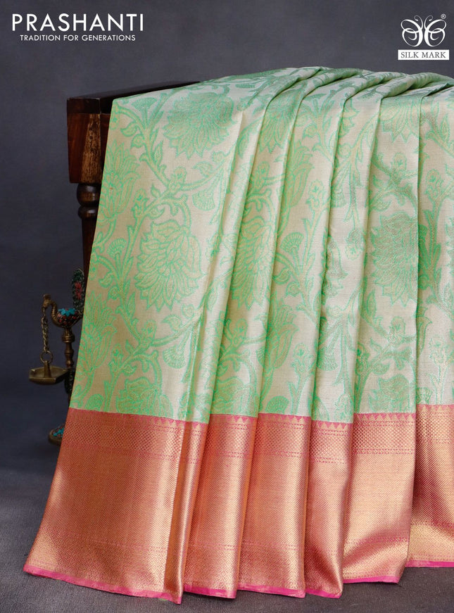 Pure kanchipuram tissue silk saree beige green and pink with allover zari woven brocade weaves and zari woven border