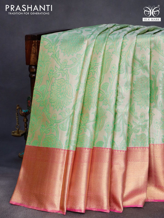 Pure kanchipuram tissue silk saree beige green and pink with allover zari woven brocade weaves and zari woven border