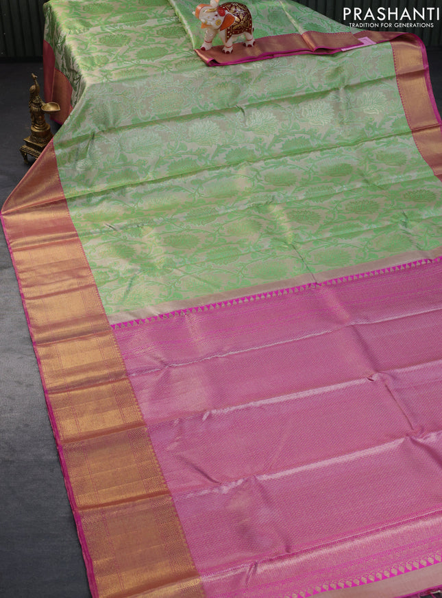 Pure kanchipuram tissue silk saree beige green and pink with allover zari woven brocade weaves and zari woven border