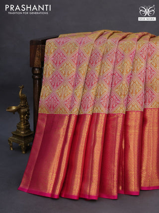 Pure kanchipuram tissue silk saree mustard shade and pink with allover silver zari woven brocade weaves and long rich zari woven border
