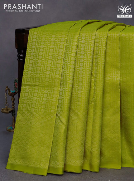 Pure soft silk saree lime green and pink with allover silver zari woven brocade weaves in borderless style