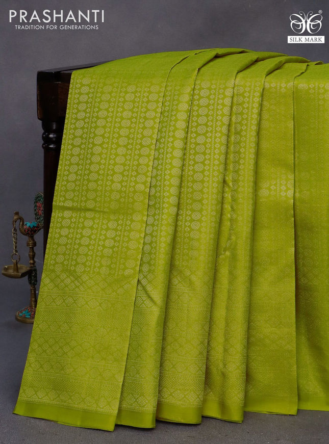 Pure soft silk saree lime green and pink with allover silver zari woven brocade weaves in borderless style
