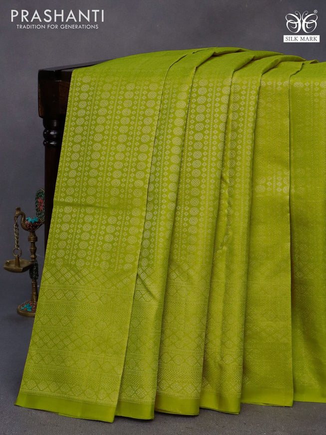 Pure soft silk saree lime green and pink with allover silver zari woven brocade weaves in borderless style