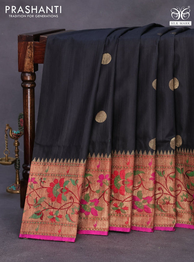 Banarasi handloom dupion silk saree black and pink with zari woven coin buttas and zari woven floral paithani border