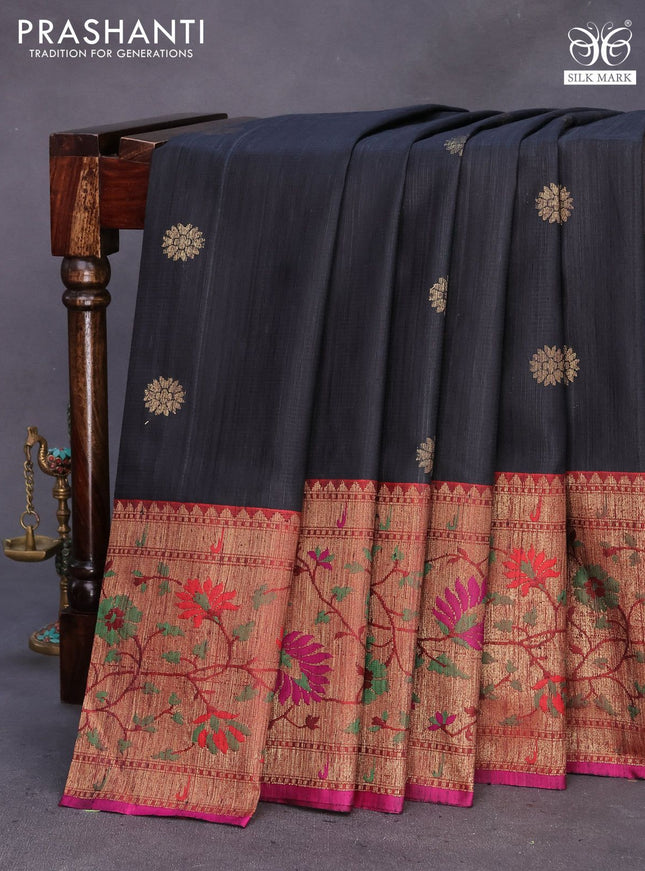 Banarasi handloom dupion silk saree black and purple with zari woven floral buttas and zari woven floral paithani border