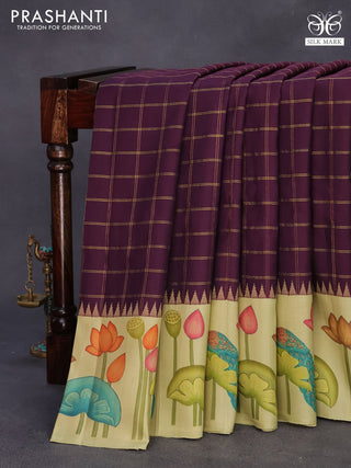 Pure kanchipuram silk saree deep purple and pista green with allover zari checked pattern and pichwai digital printed border