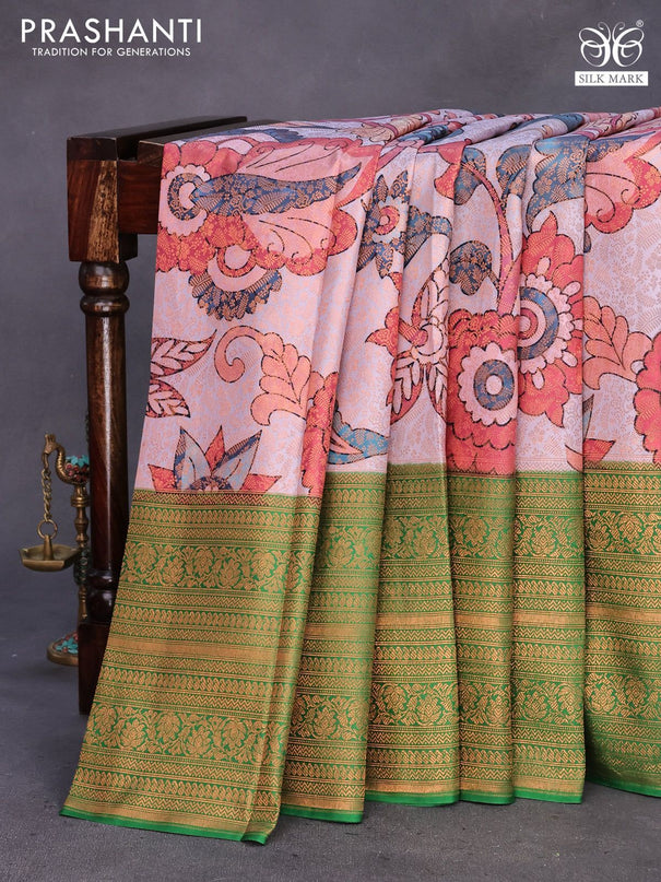 Pure kanchipuram silk saree grey shade and green with allover copper zari weaves & kalamkari digital prints and long zari woven border