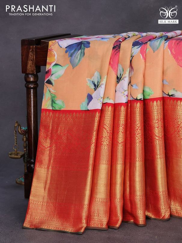 Pure kanchipuram silk saree sandal and red with allover floral digital prints and long zari woven border
