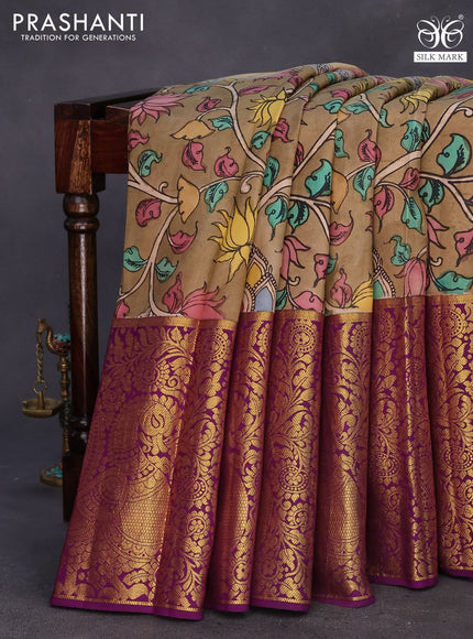 Pure kanchipuram silk saree beige and deep purple with allover kalamkari digital prints and long annam zari woven border