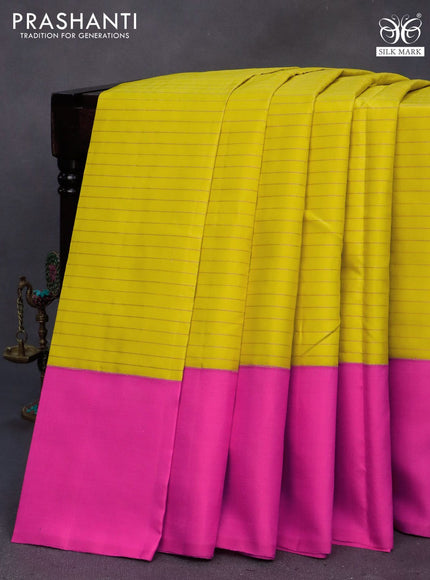 Pure soft silk saree yellow and pink with allover copper zari stripes & buttas and zari wovenn butta border