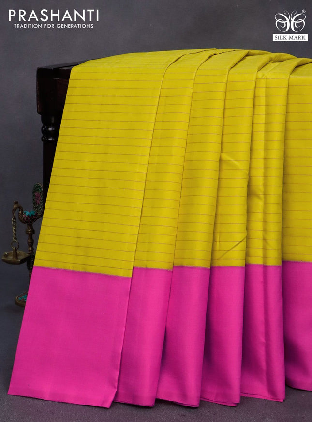 Pure soft silk saree yellow and pink with allover copper zari stripes & buttas and zari wovenn butta border