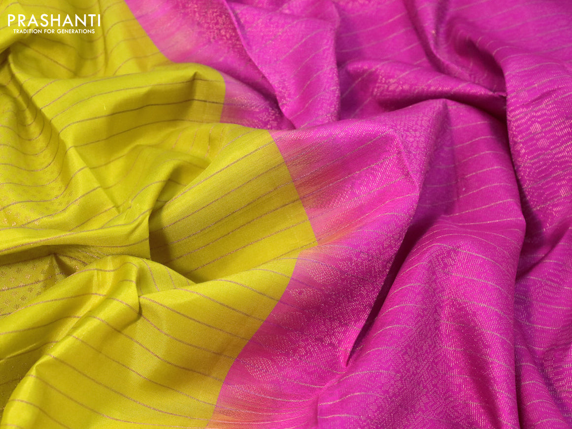 Pure soft silk saree yellow and pink with allover copper zari stripes & buttas and zari wovenn butta border