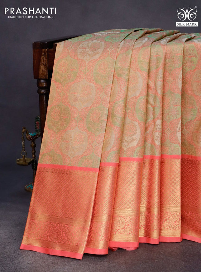 Pure kanchipuram tissue silk saree multi colour and peach pink with allover zari woven brocade weaves and long zari woven border