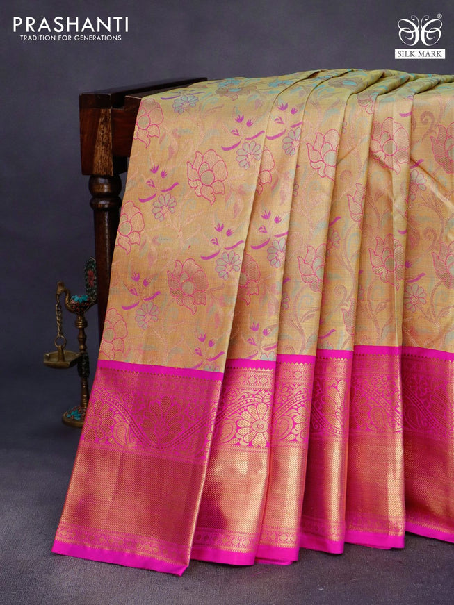 Pure kanchipuram tissue silk saree gold and pink with allover zari woven brocade weaves and long zari woven border