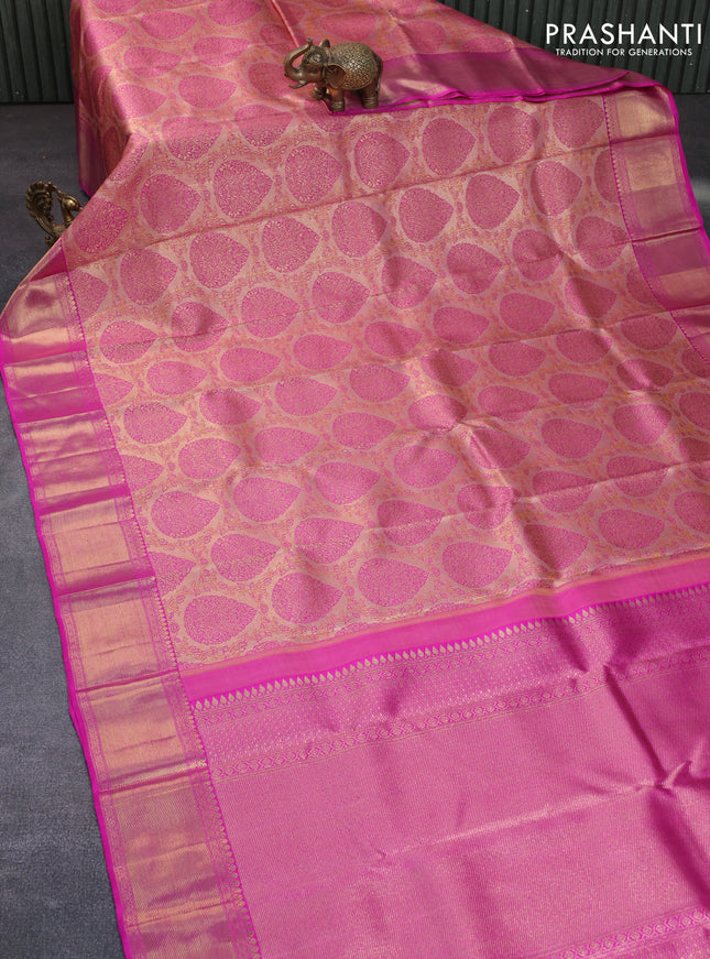 Pure kanchipuram tissue silk saree peach shade and pink with allover zari woven brocade weaves and zari woven border