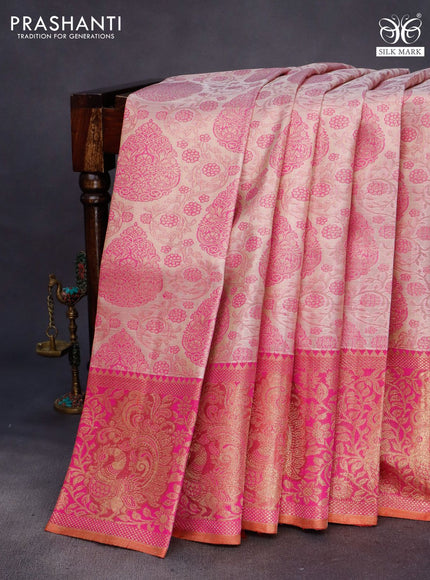 Pure kanchipuram tissue silk saree grey and pink with allover zari woven brocade weaves and zari woven border