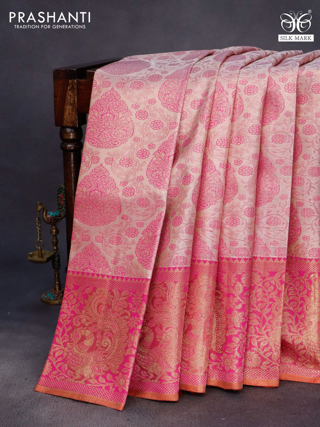 Pure kanchipuram tissue silk saree grey and pink with allover zari woven brocade weaves and zari woven border