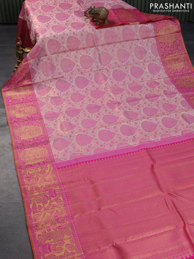 Pure kanchipuram tissue silk saree grey and pink with allover zari woven brocade weaves and zari woven border