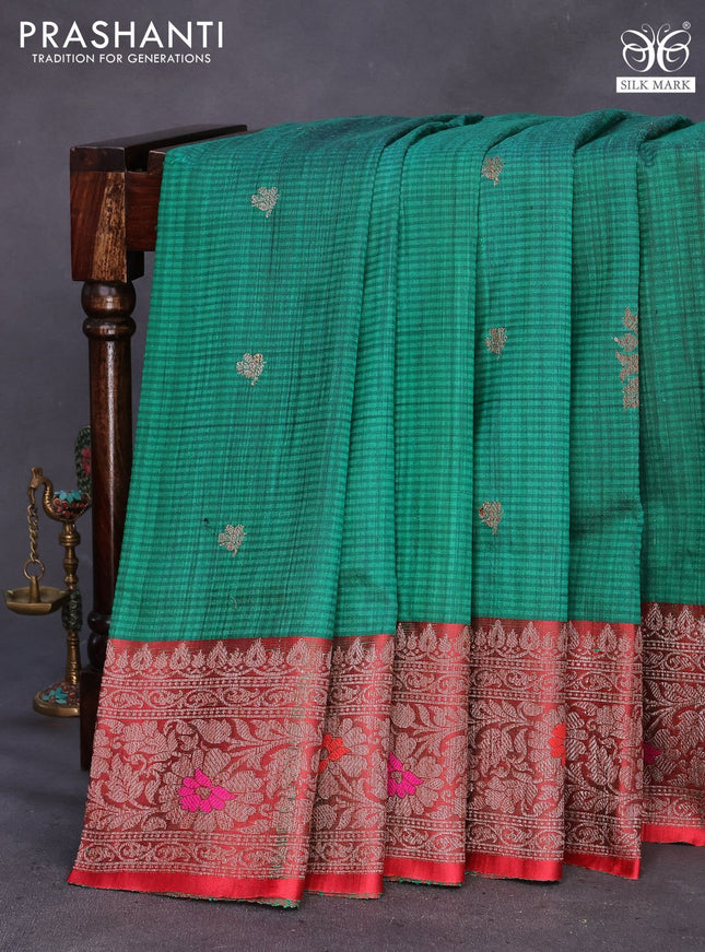 Banarasi handloom dupion silk saree green and red with thread & zari woven buttas and woven border