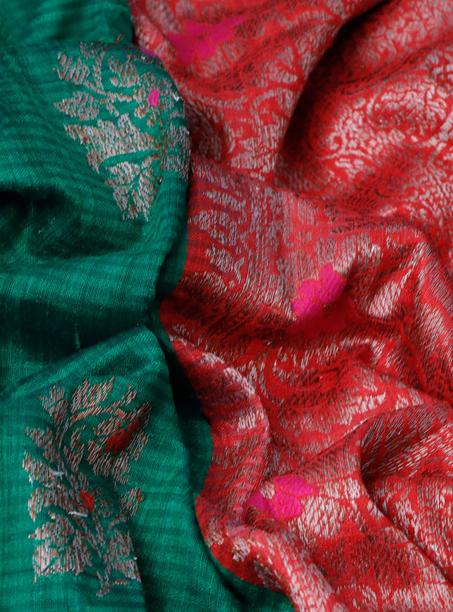 Banarasi handloom dupion silk saree green and red with thread & zari woven buttas and woven border
